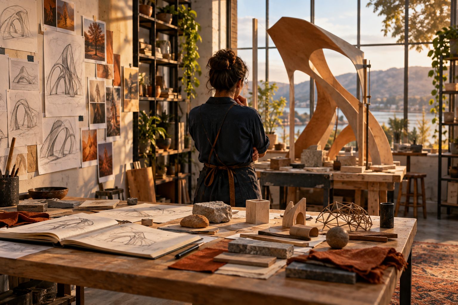 A maker considering a partially assembled sculpture, supported by sketches and alternative models in a shared studio