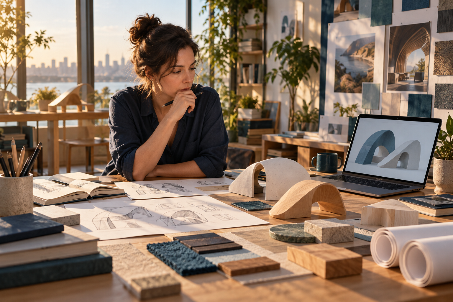 A designer comparing sketches and physical prototypes beside a laptop in a sunlit studio