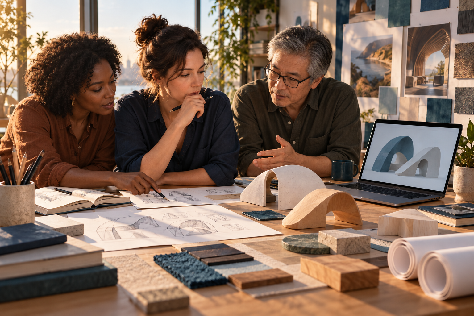 Thematic illustration of a diverse team comparing sketches and physical prototypes beside a laptop in a sunlit studio