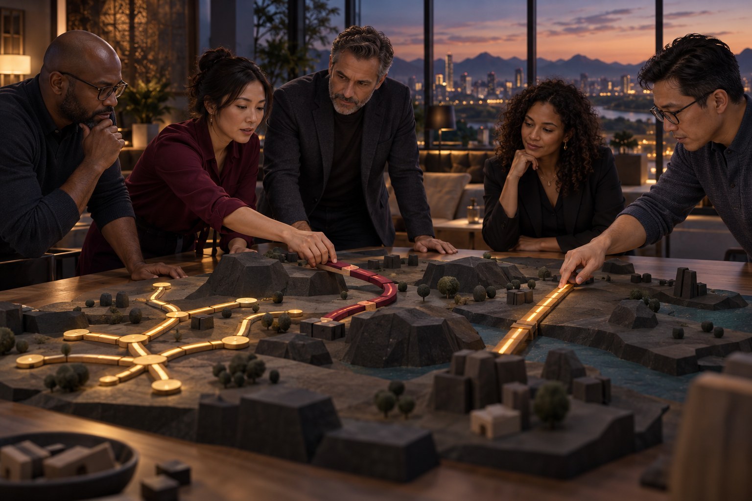 A planning scene with routes that continue, change direction, and expand